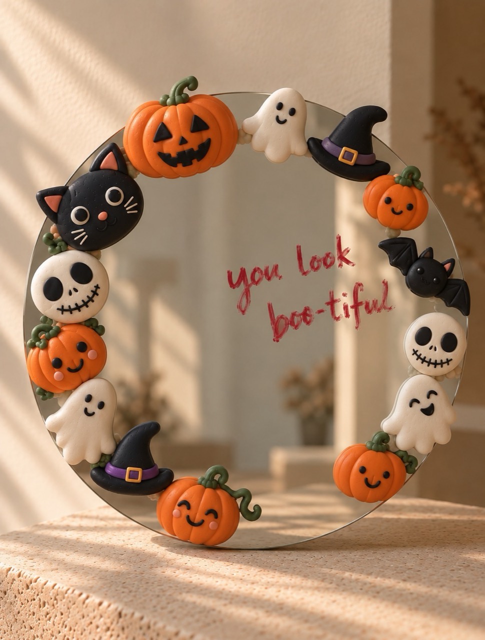 Halloween mirror decorated with soft clay pumpkins, ghosts, black cats and witch hats